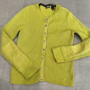 [M]Asphalt Lime Ribbed Knit Cardigan Silver Tone Snap Button-Up Elbow Patch